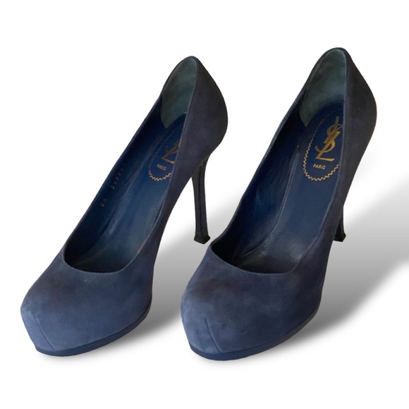 YSL Yves Saint Laurent Trib Navy Blue Suede Heels Pumps Size  7.5 US. 37 1/2EU - Picture 8 of 13